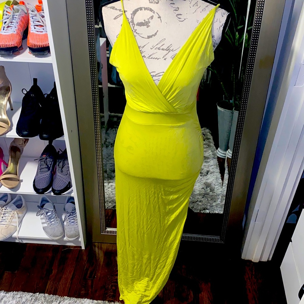 Bright yellow/green low cut dress with side slit
